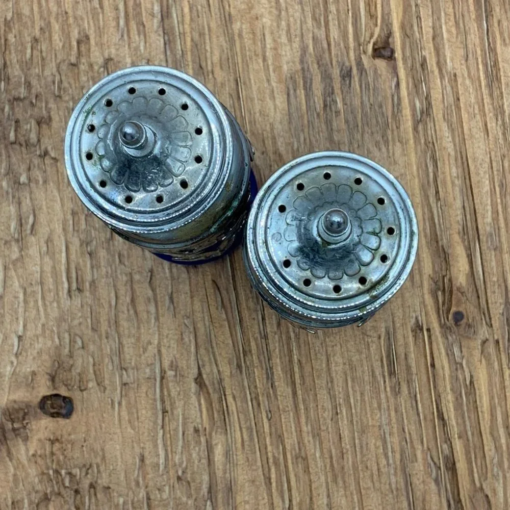 Coblat Blue Glass Vintage Japan Silver Plated Salt and Pepper Shakers